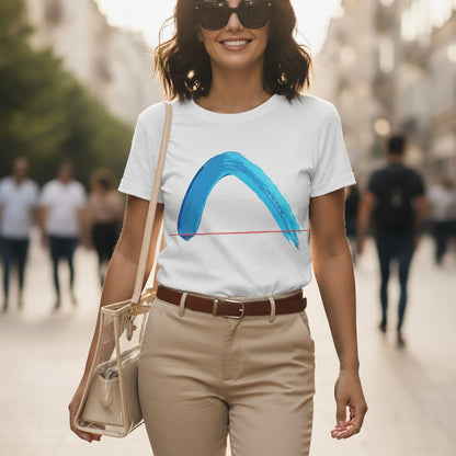 Woman wearing a white t-shirt with a turquoise brush stroke graphic design, walking outdoors.