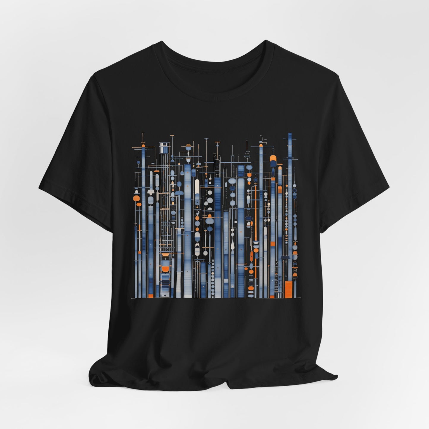 Black t-shirt with a geometric pattern on a white background