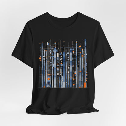 Black t-shirt with a geometric pattern on a white background