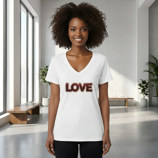 Woman wearing a white t-shirt with 'LOVE' printed on it in a modern indoor setting.