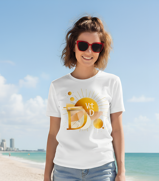 Woman wearing a white t-shirt with a 'Vit D' design on a beach