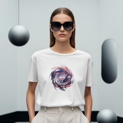 Woman wearing a white t-shirt with a colorful abstract whirlwind design in a modern setting