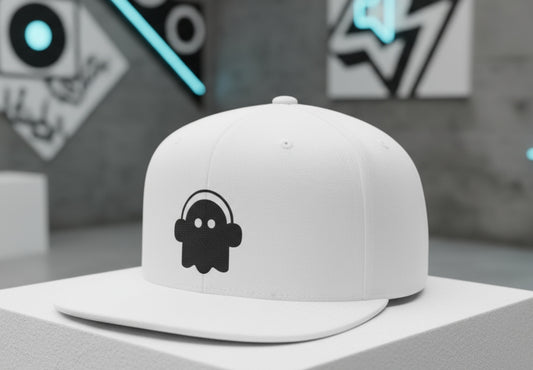 White cap with a black ghost with headphone on a gray surface with a blurred background

Details