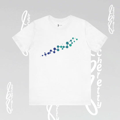 White t-shirt with a line of colorful abstract  design of molecules.