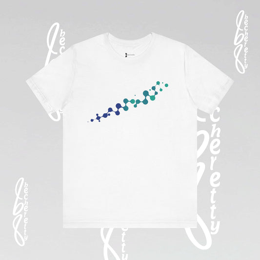 White t-shirt with a line of colorful abstract  design of molecules.