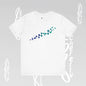 White t-shirt with a line of colorful abstract  design of molecules.