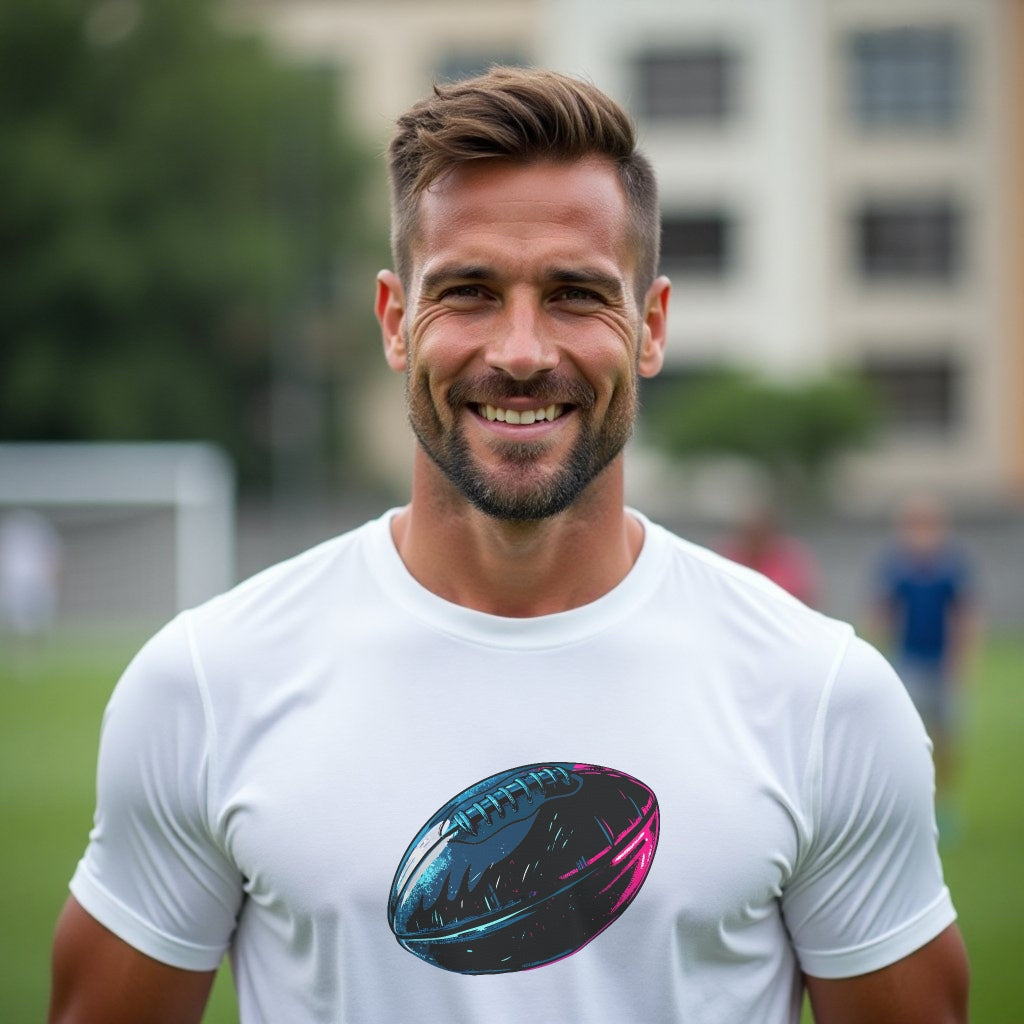 Man wearing a white t-shirt with a colorful graphic American football ball, on a blurred outdoor background