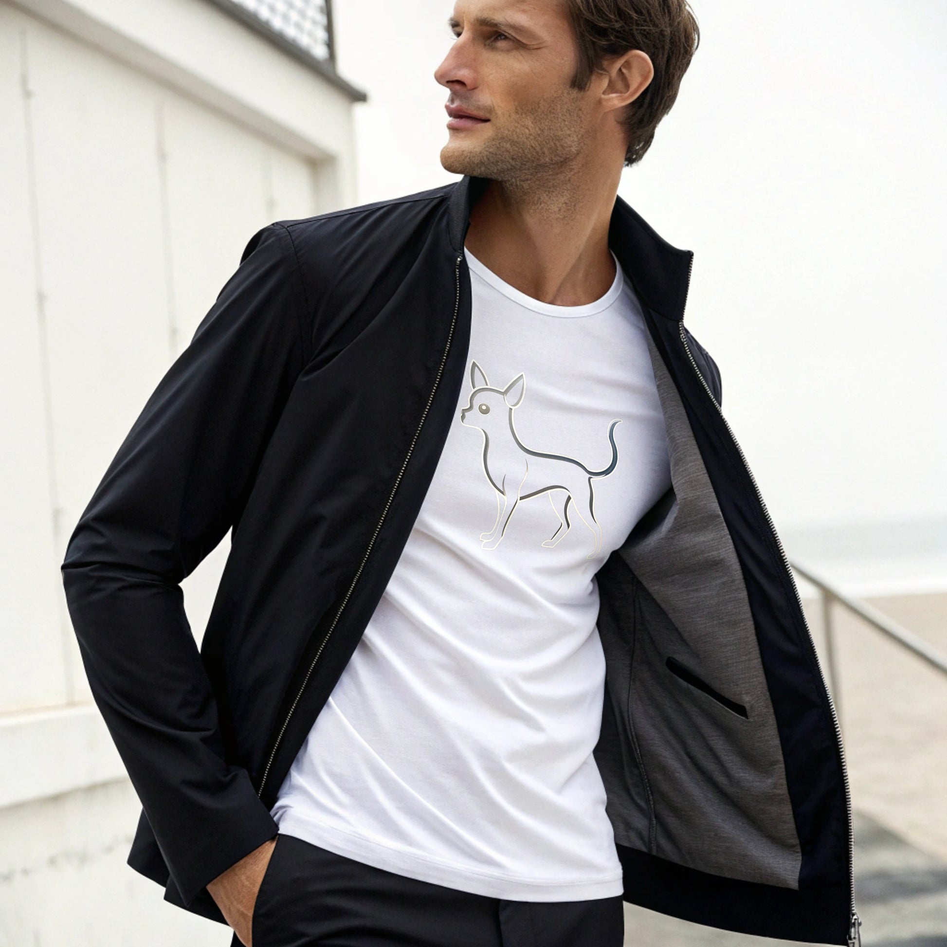 Man wearing a black jacket over a white t-shirt with a dog graphic, standing outdoors.