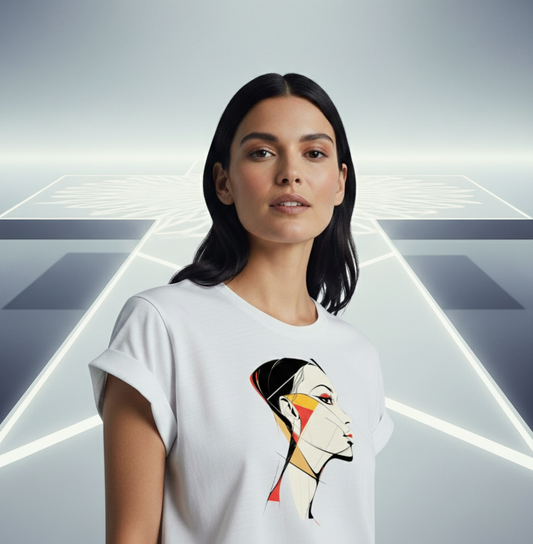 Woman wearing a white t-shirt with a woman face graphic design of a stylized face on a futuristic background